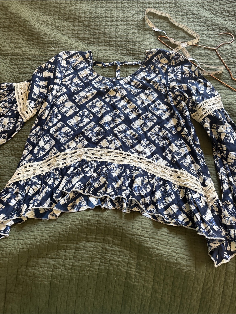 Chelsea & Theodore Navy and Cream Printed Lace-Trim Peplum Top